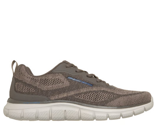 Skechers Track Pohlter lace up trainers featuring a breathable engineered knit upper, flexible traction sole, and side logo detail.
