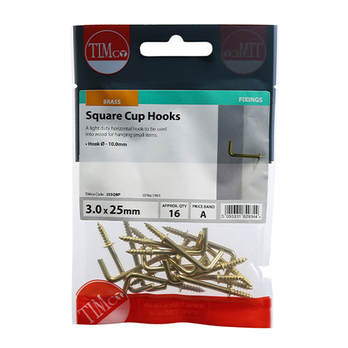 TIMCO Square Cup Hooks - E/Brass 25mm - 16 PCS