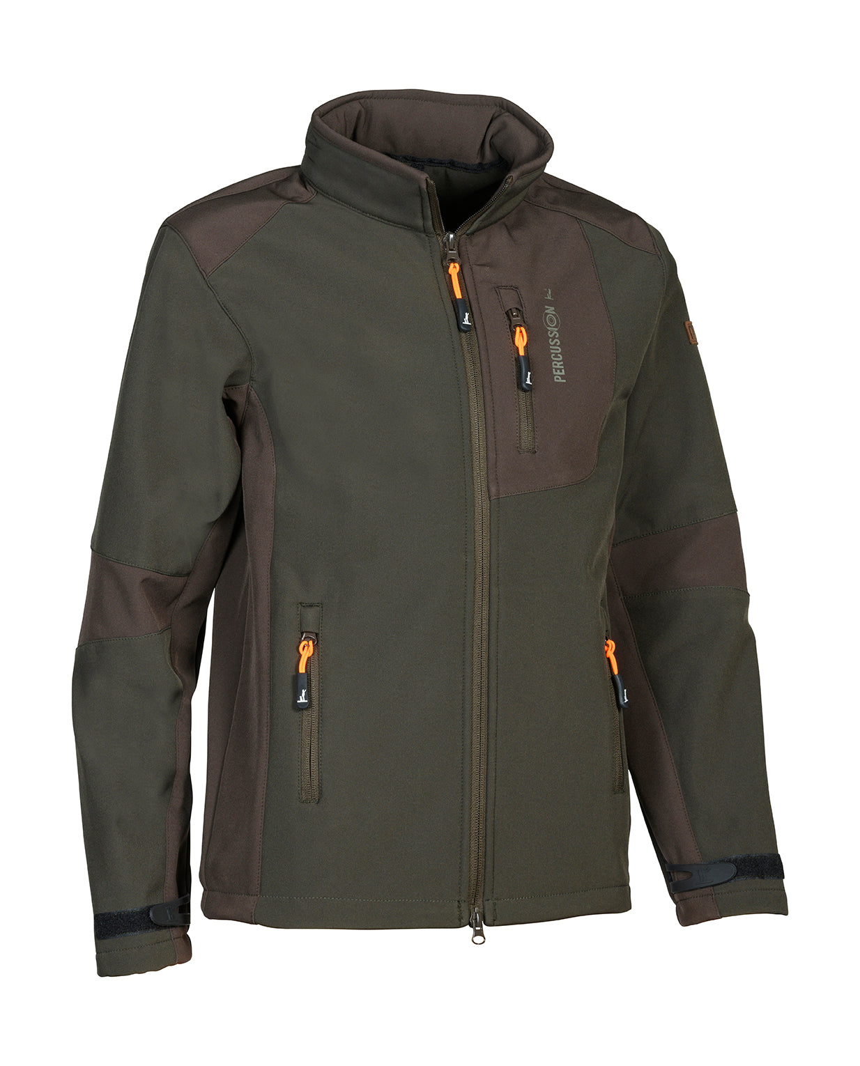 A khaki Percussion Junior Softshell Jacket for kids, featuring zip pockets and a warm microfleece lining.