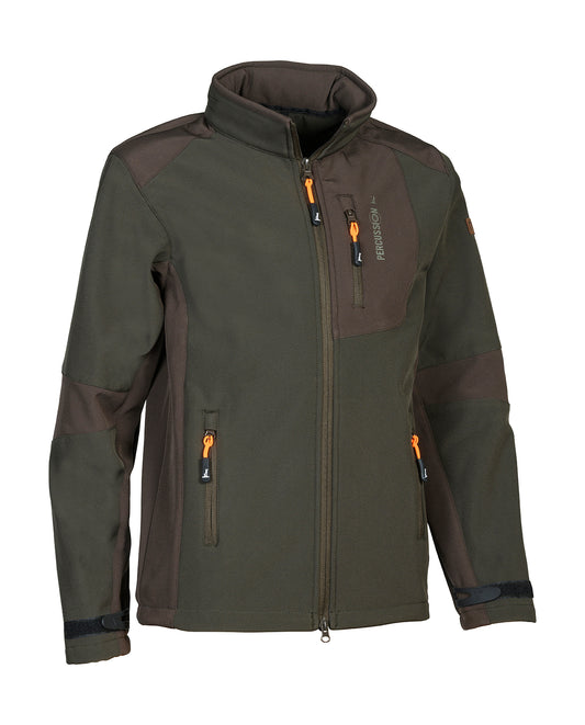 A khaki Percussion Junior Softshell Jacket for kids, featuring zip pockets and a warm microfleece lining.