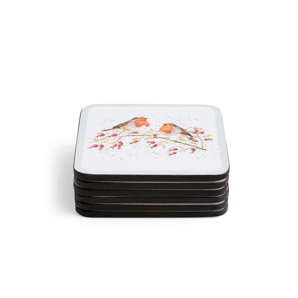 Wrendale Designs Festive Friends set of six cork-backed drinks coasters with watercolour robin illustrations by Hannah Dale