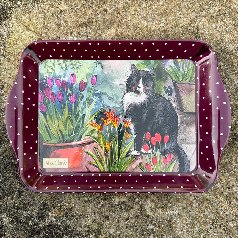 Alex Clark Cats & Tulips small melamine tray featuring a cat amongst potted tulip plants