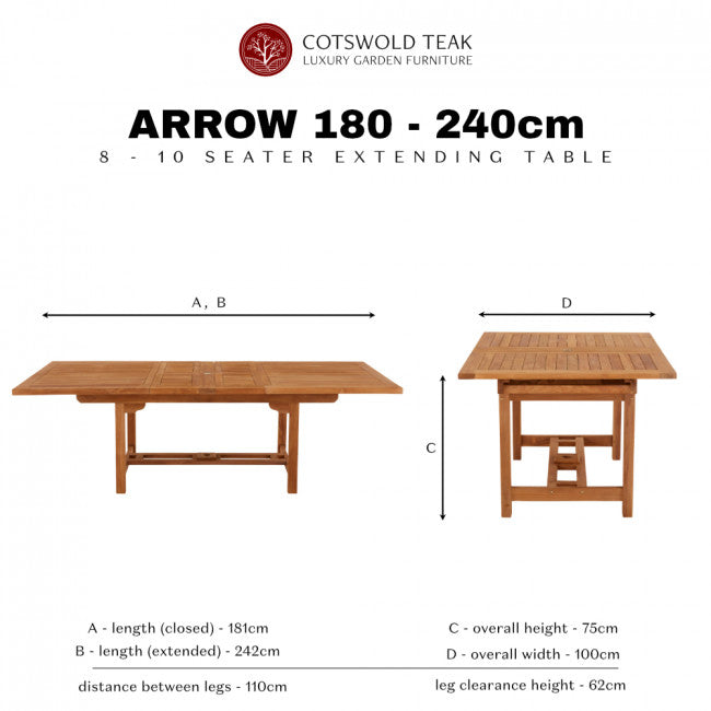 Cotswold Teak Arrow Extending Rectangular Table Set - 6 Chairs