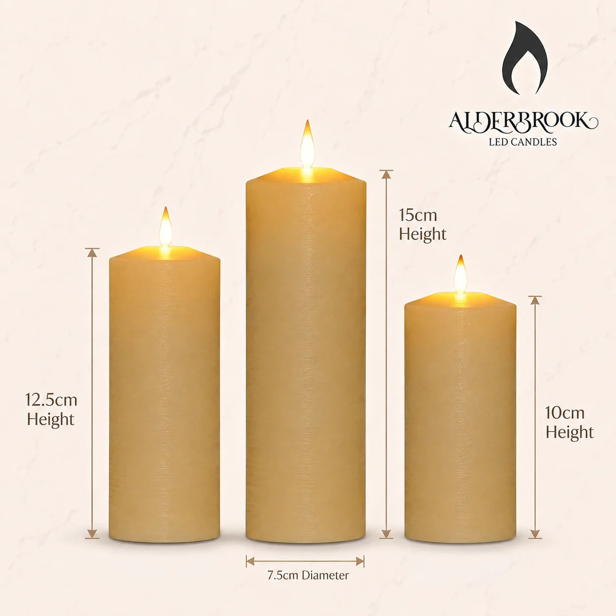 Noma set of 3 ivory flameless real wax LED pillar candles flickering on a wooden surface