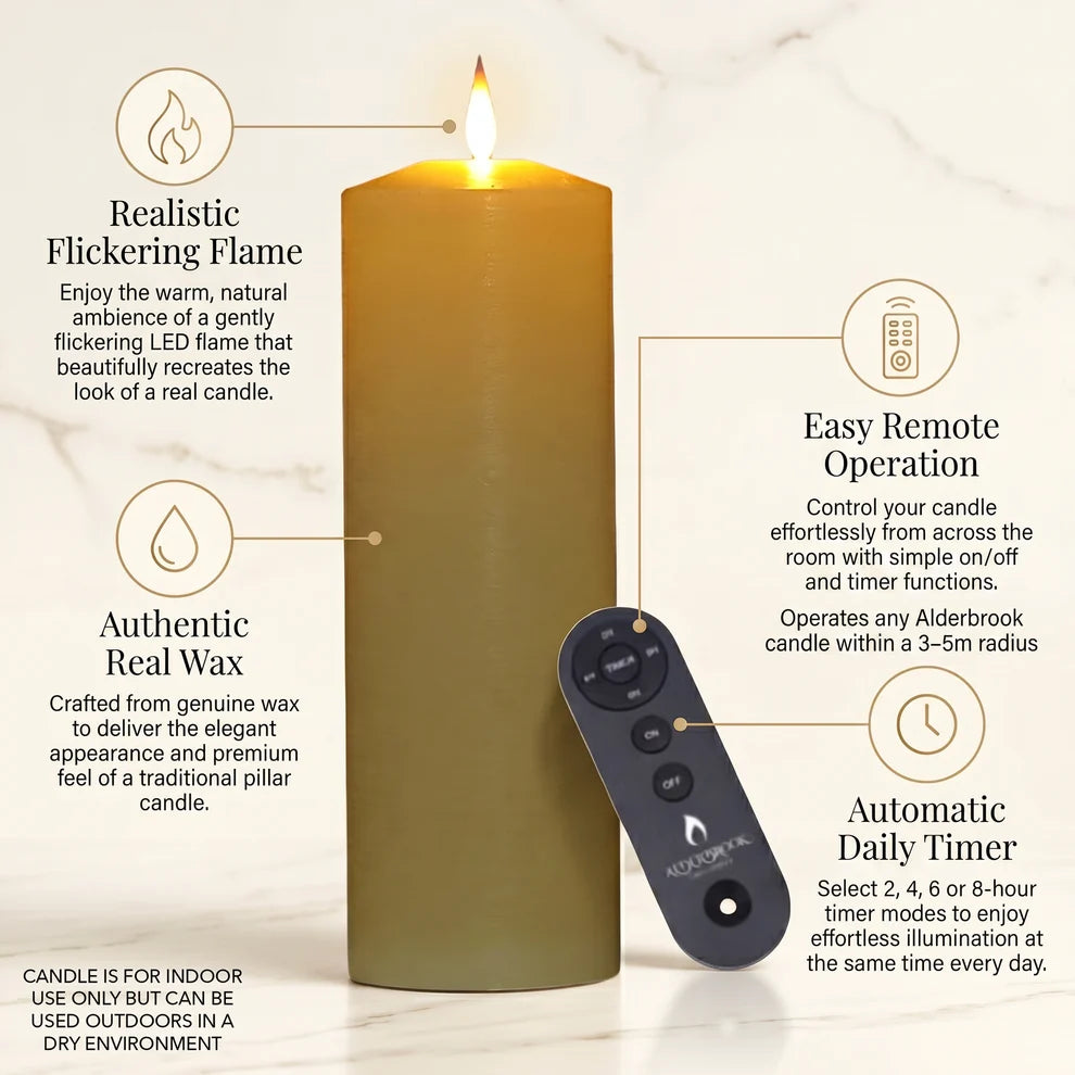 Noma set of 3 ivory flameless real wax LED pillar candles flickering on a wooden surface