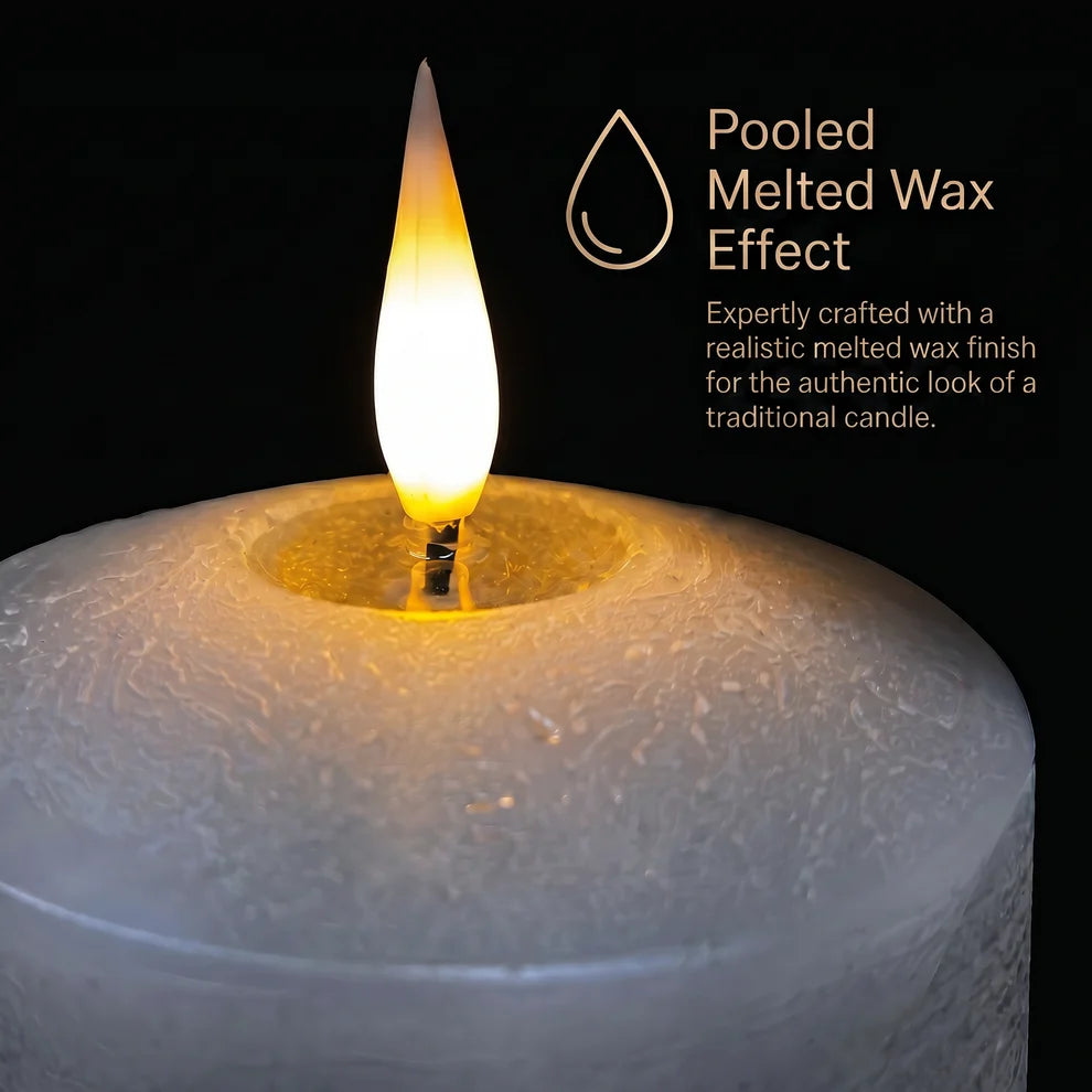 Noma set of 3 pewter flameless LED pillar candles displaying a warm flickering flame effect