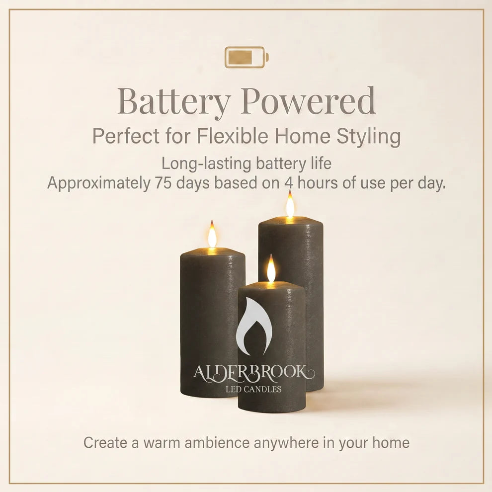 Noma set of 3 pewter flameless LED pillar candles displaying a warm flickering flame effect