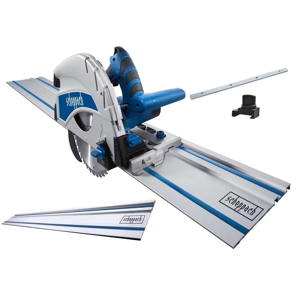 Scheppach PL75 210mm plunge circular saw 1600W mounted on a 2.5m guide rail for precision woodworking.