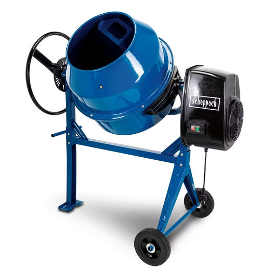 Scheppach MIX125 125L electric concrete mixer with 550W motor and transport wheels.