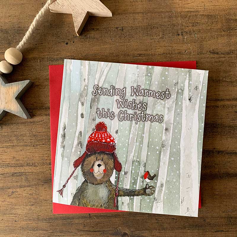Alex Clark Christmas Bear boxed greeting card set showing illustrated festive bear cards and white envelopes in a box.