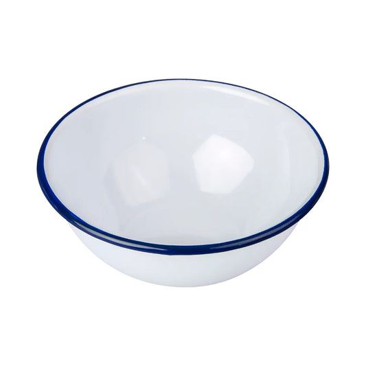 Falcon enamel white pudding bowl with iconic blue rim