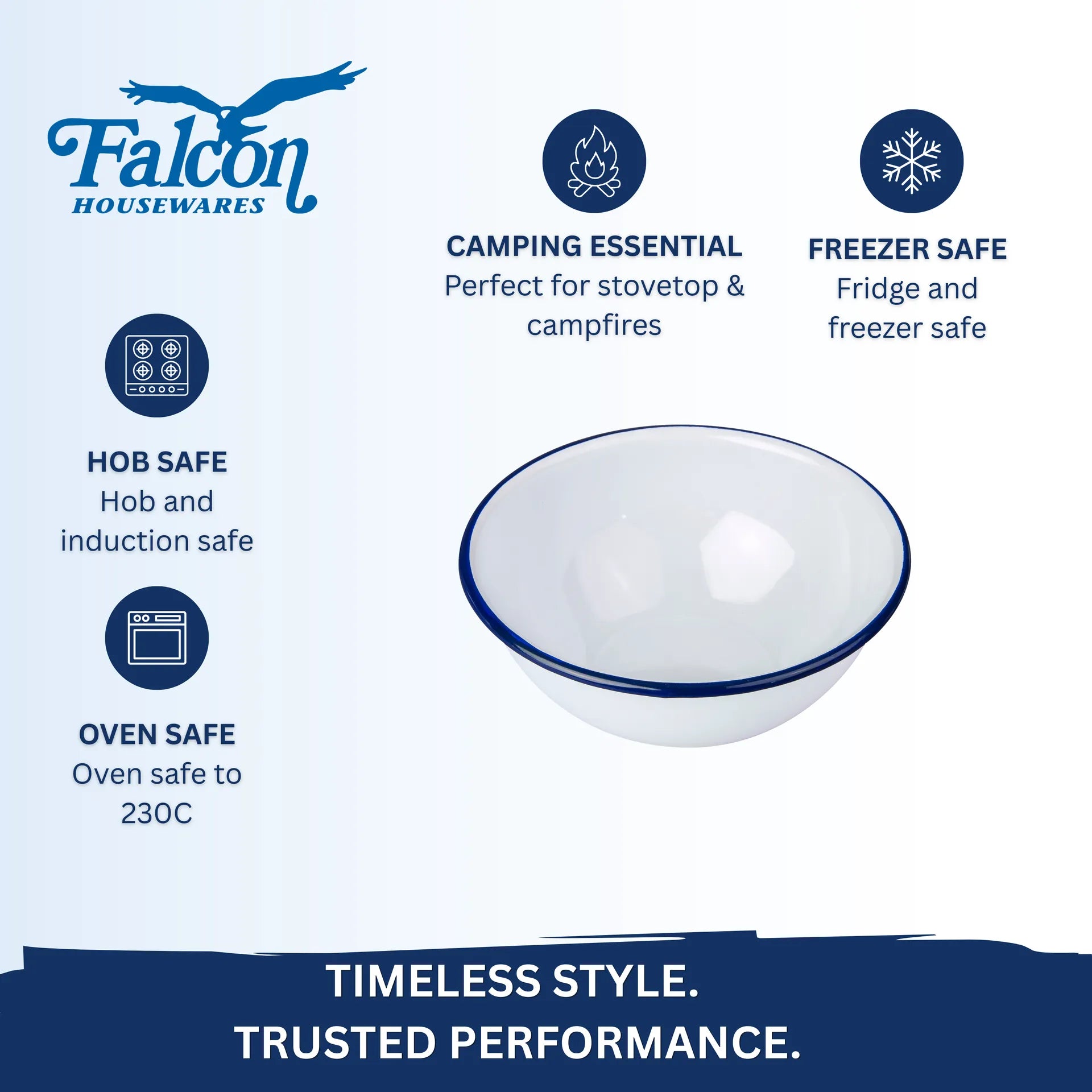 Falcon enamel white pudding bowl with iconic blue rim