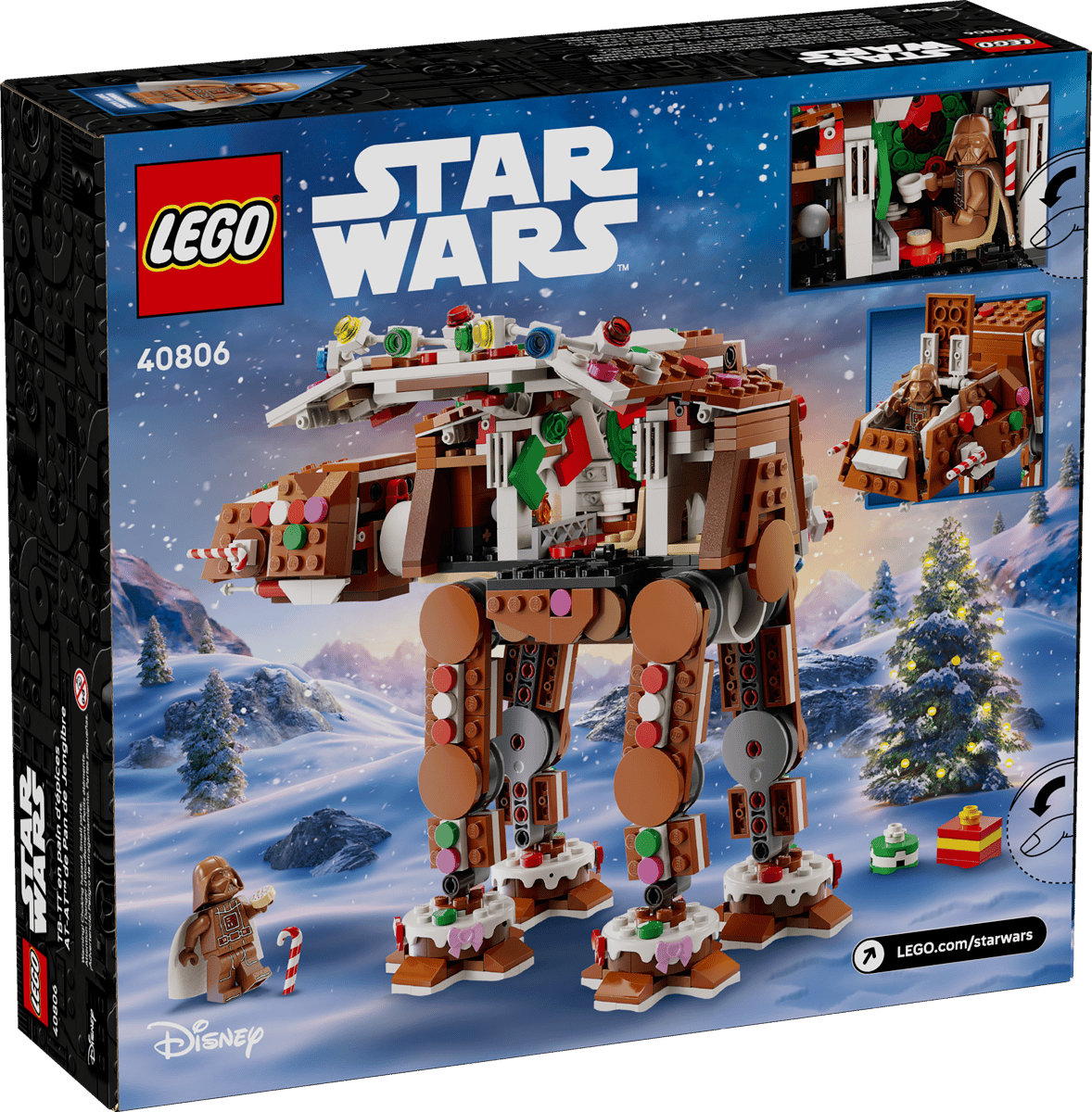 LEGO Star Wars Gingerbread AT-AT Walker model with gingerbread Darth Vader minifigure holding a cookie and candy cane.