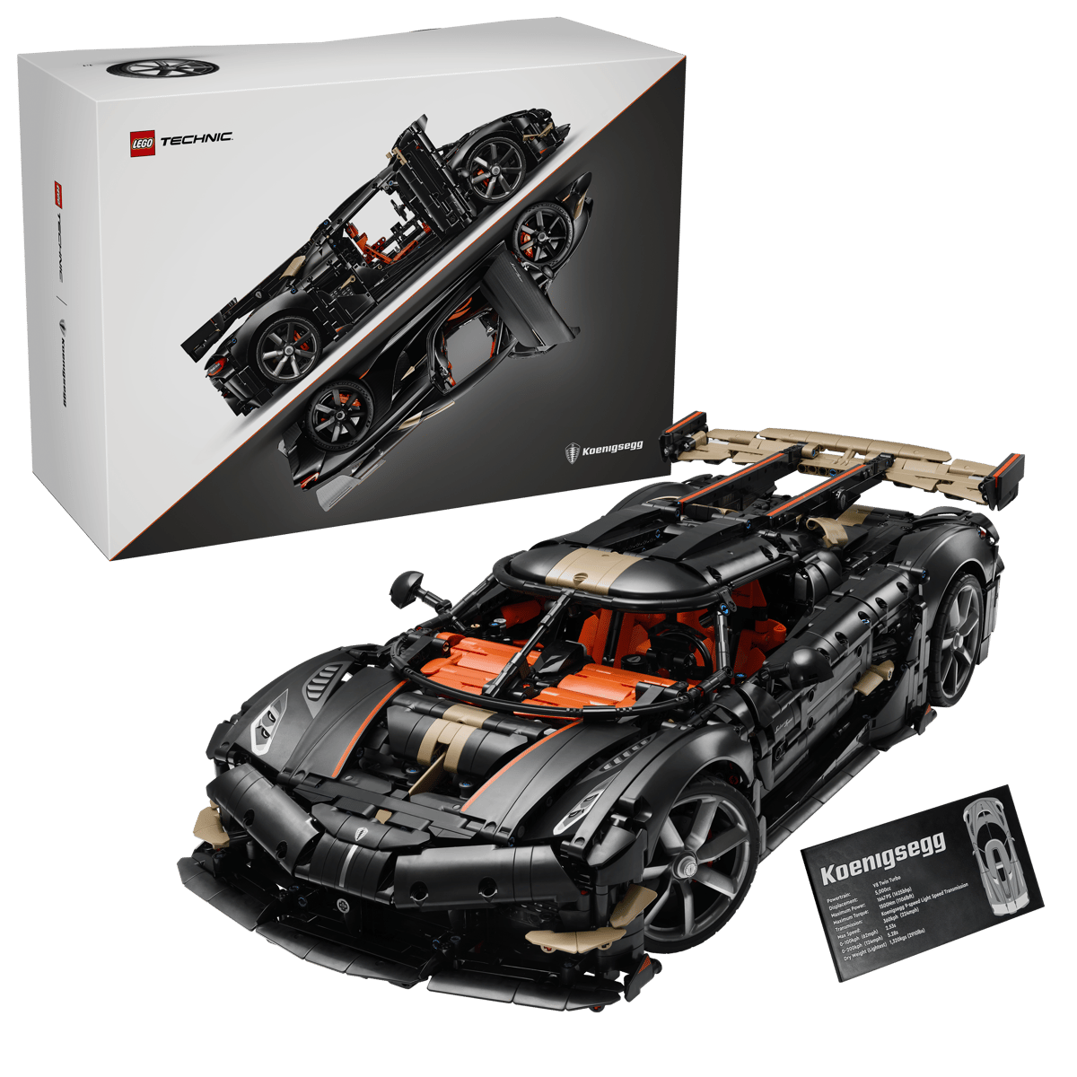 LEGO Technic Koenigsegg Sadair's Spear Megacar display model featuring opening doors and detailed engine.