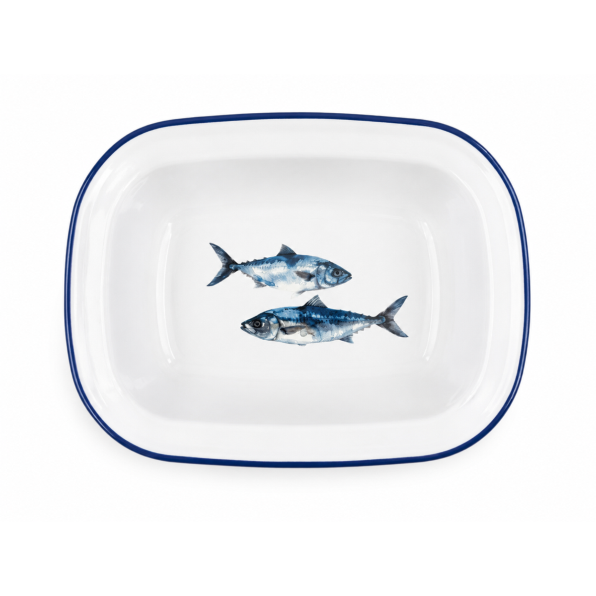 Falcon Enamel 20cm oblong pie dish featuring blue fish illustration on white porcelain with blue rim