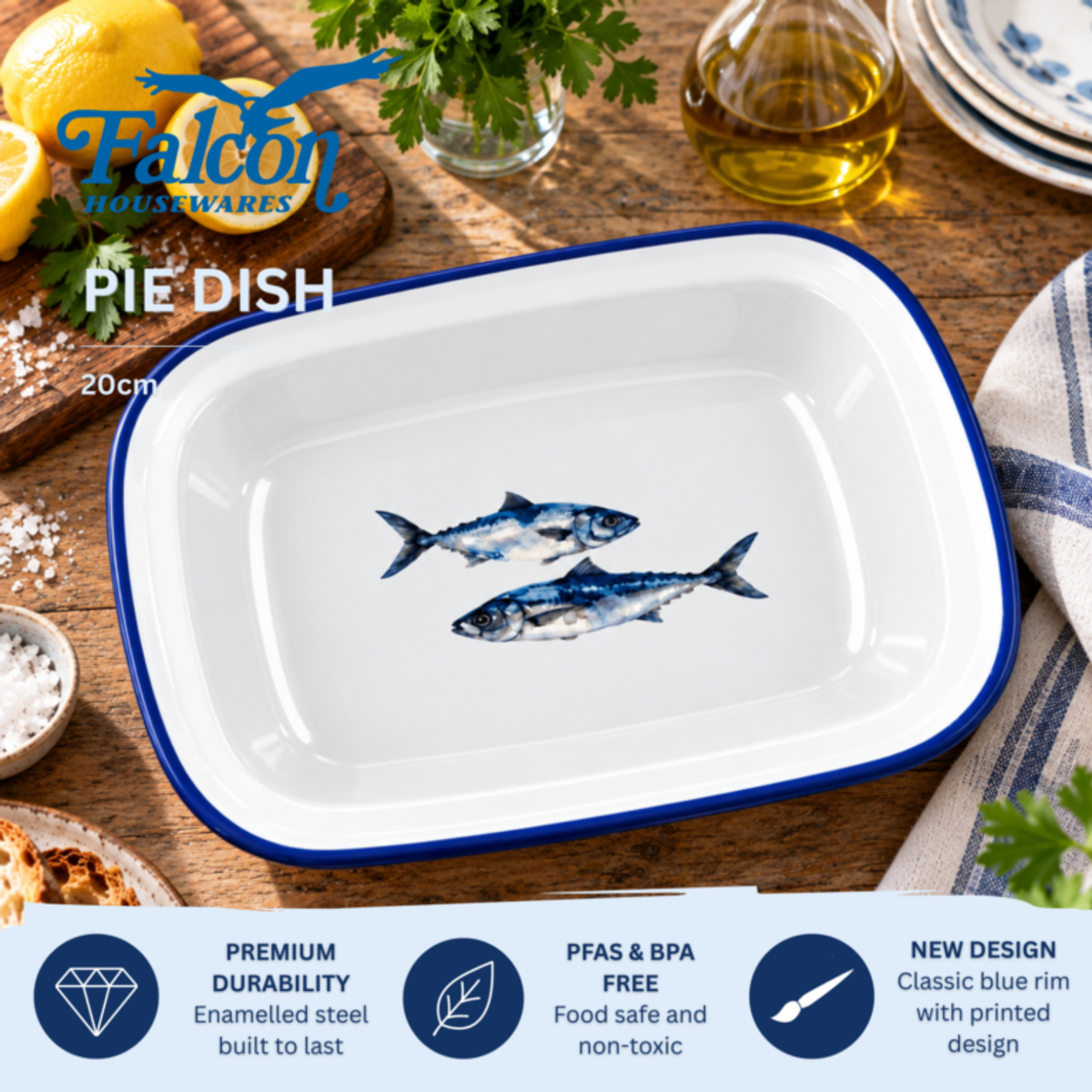 Falcon Enamel 20cm oblong pie dish featuring blue fish illustration on white porcelain with blue rim