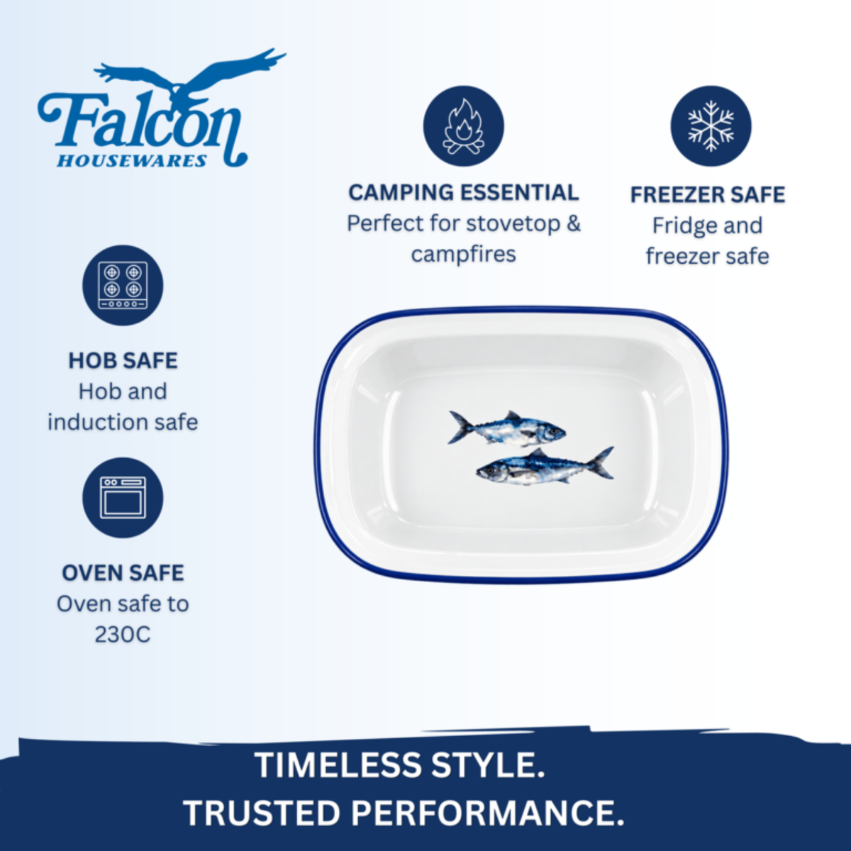 Falcon Enamel 20cm oblong pie dish featuring blue fish illustration on white porcelain with blue rim