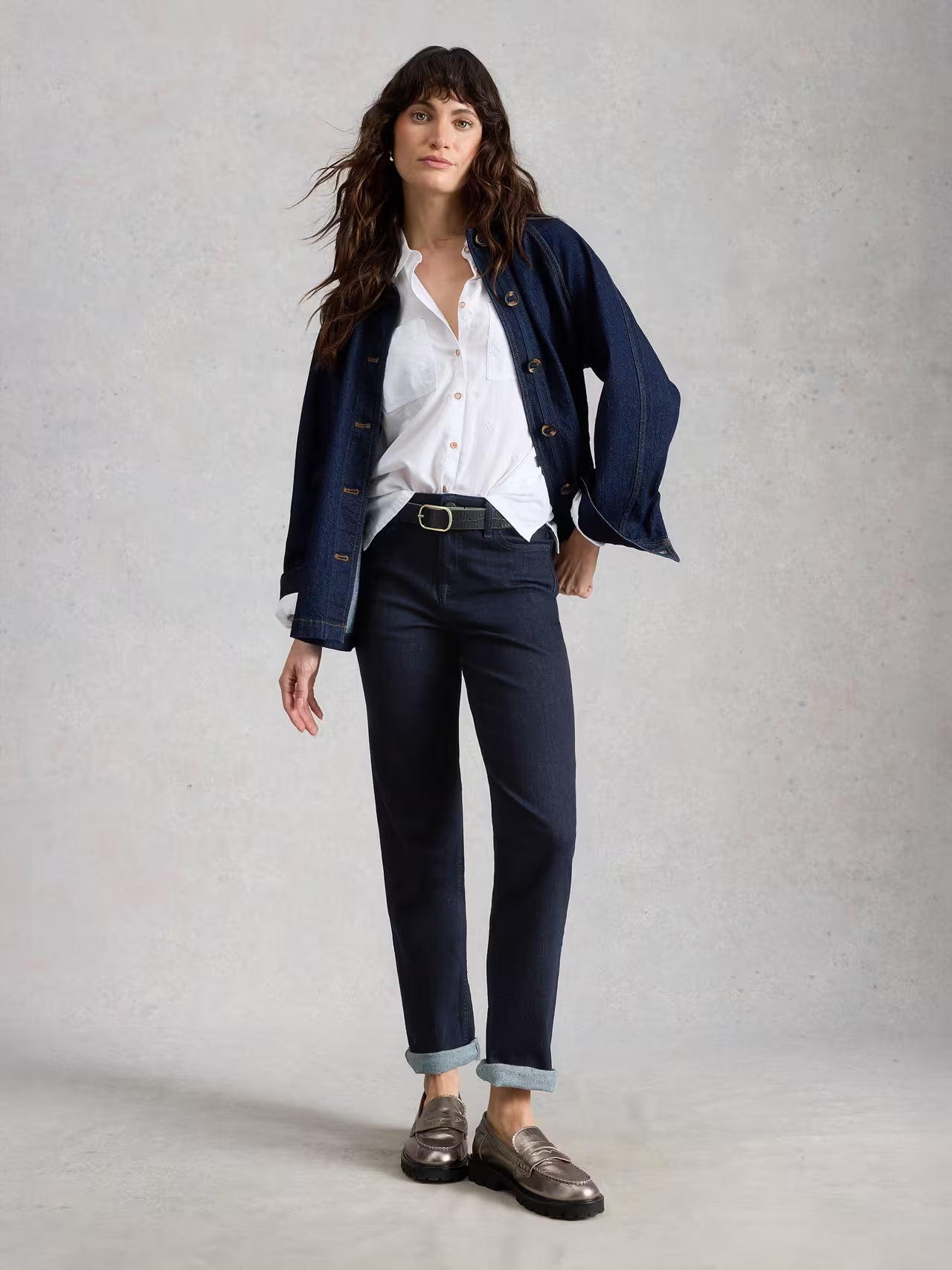 Front view of the White Stuff Taylor Straight Jeans in a classic wash, showing the slim-straight fit from the fitted waist down to the ankle.