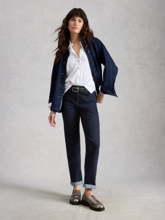 Front view of the White Stuff Taylor Straight Jeans in a classic wash, showing the slim-straight fit from the fitted waist down to the ankle.