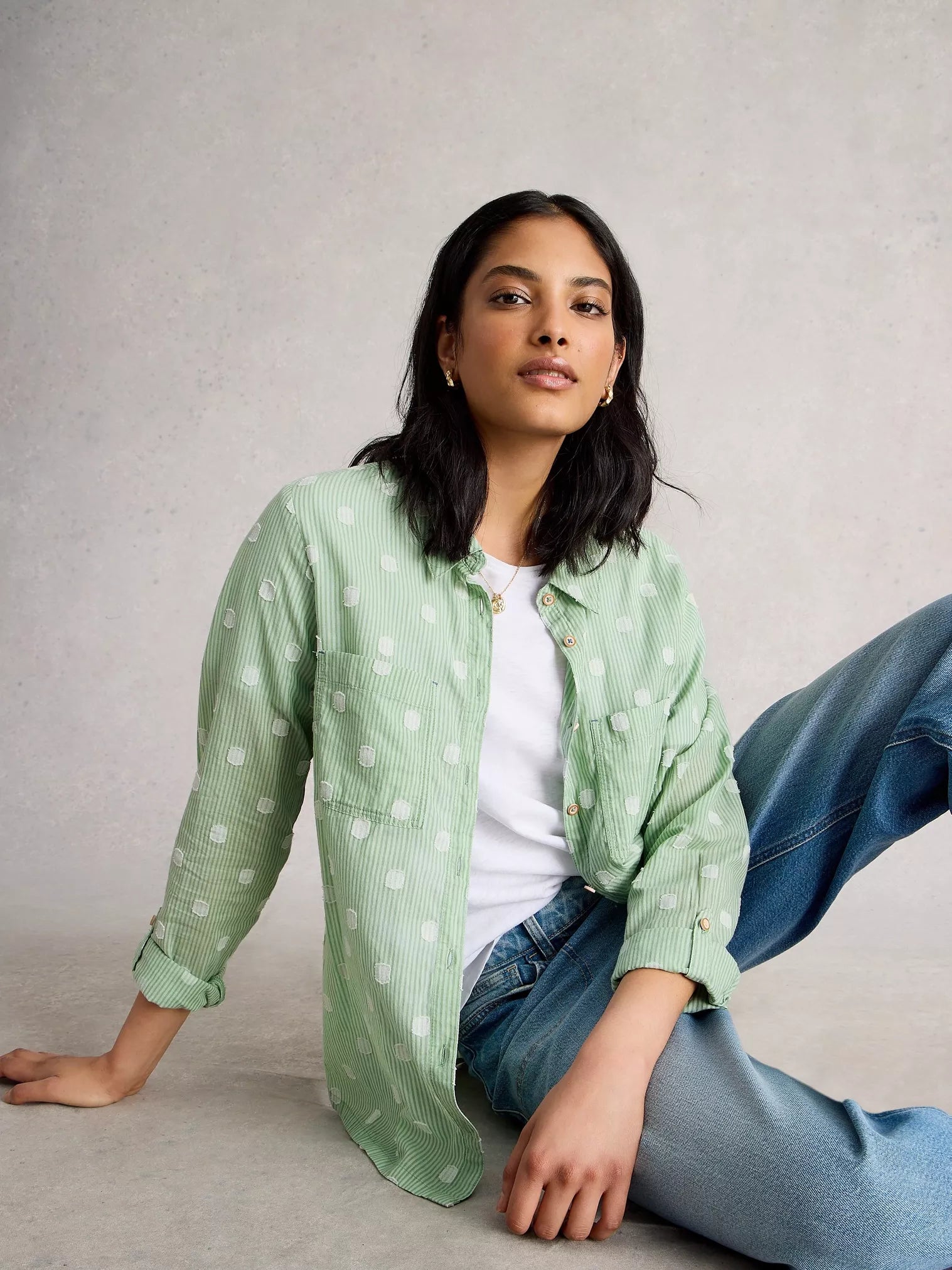 White Stuff Sophie Organic Cotton Shirt in a Green Multi print