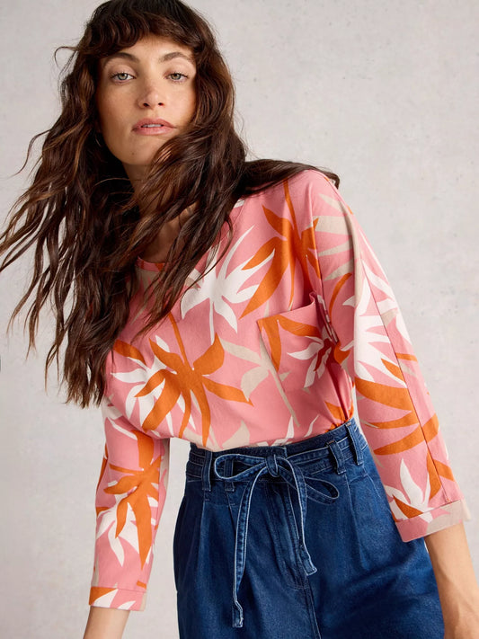 White Stuff Demi Dolman Mid Sleeve Top in a Coral Multi Print