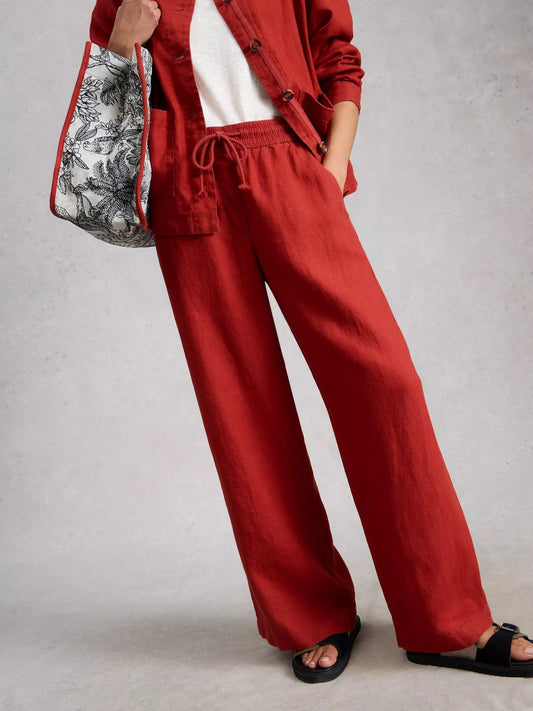 White Stuff Ally Linen Wide Leg Trouser in Mid Red