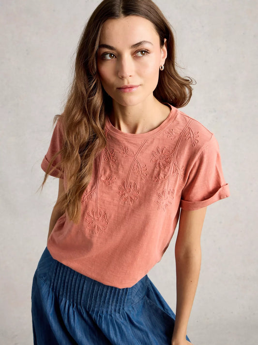 White Stuff Gina Embroidered Tee in Mid Pink