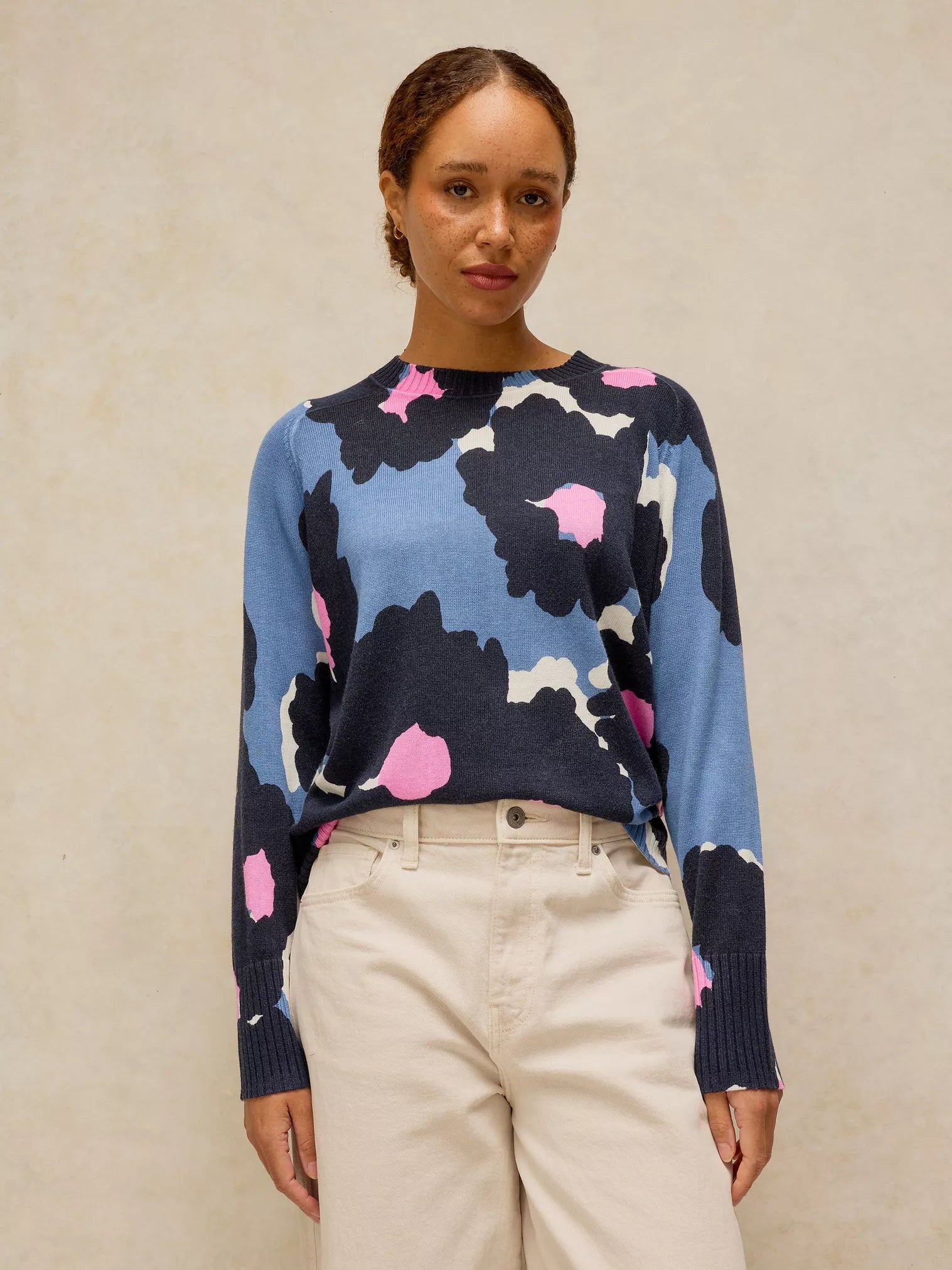 Front view of the White Stuff Sienna Print Jumper showing the pattern and crew neck detail.