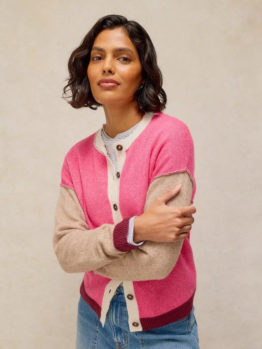 Women's White Stuff Sansa cardigan featuring a bold pink and neutral colourblock design, complete with a crew neck and long sleeves.