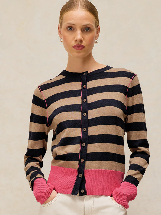Studio shot of the White Stuff Lois Stripe Cardigan in a regular fit, highlighting the contrast stripe detail, crew neckline, and long sleeves.