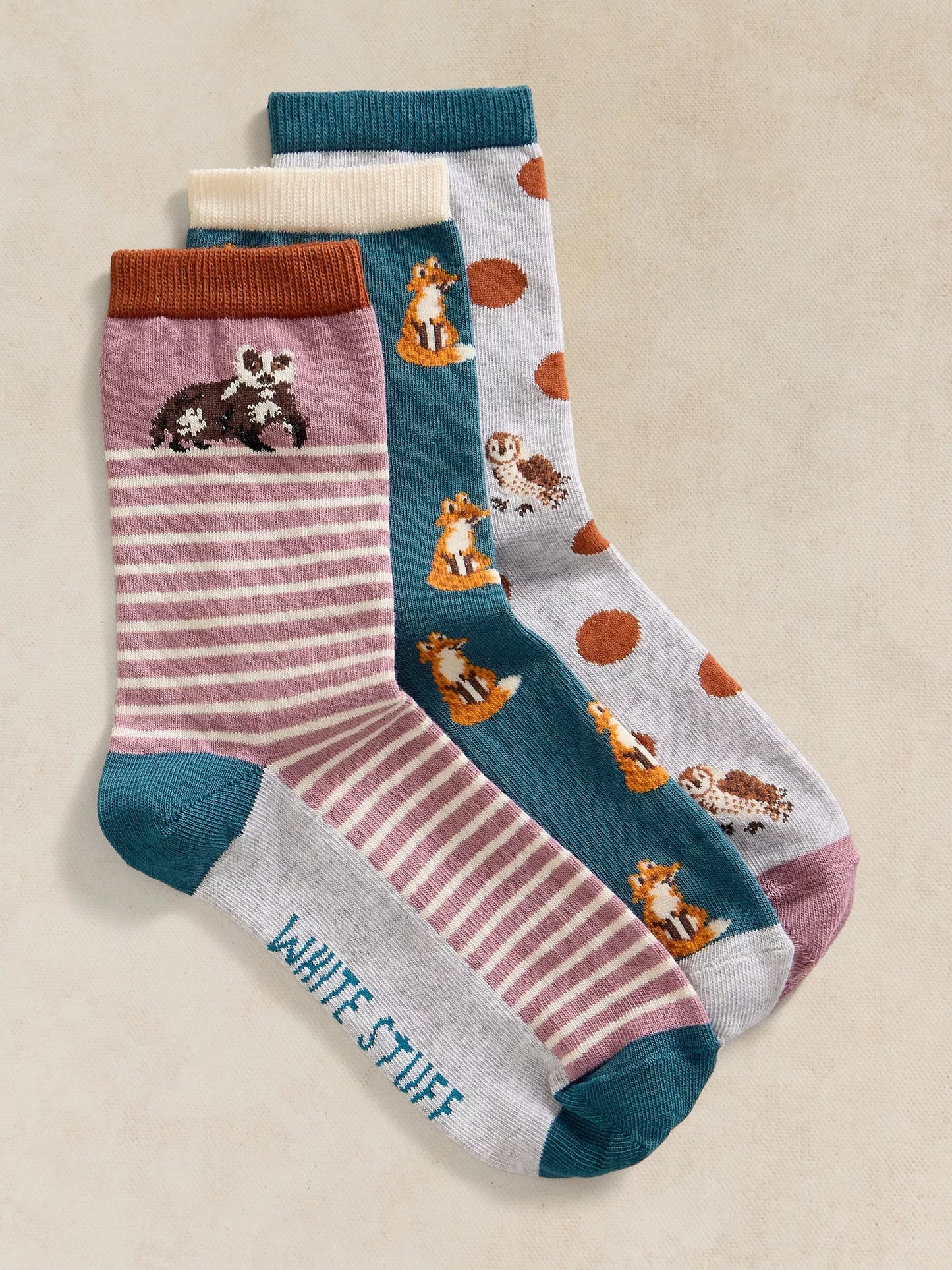 Pack of women's White Stuff Woodland ankle socks crafted from a soft, patterned organic cotton blend.
