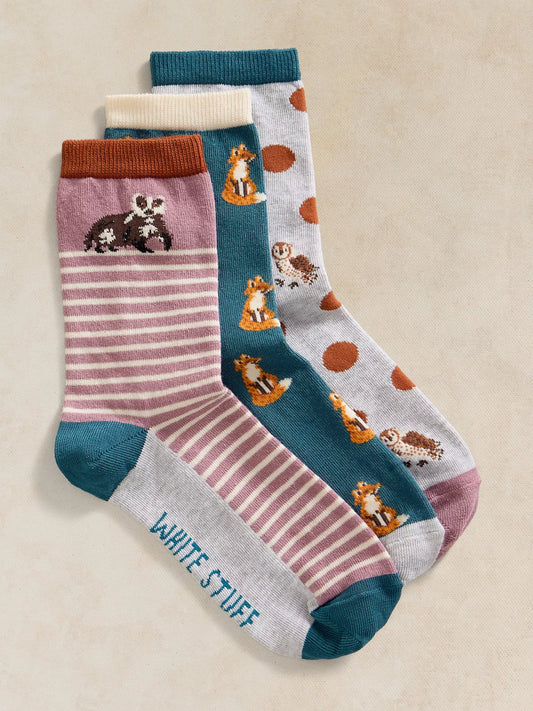 Pack of women's White Stuff Woodland ankle socks crafted from a soft, patterned organic cotton blend.