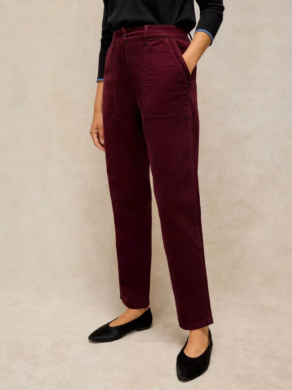 White Stuff Womens Twister Corduroy Trousers in organic cotton with tapered ankle length fit and front pockets