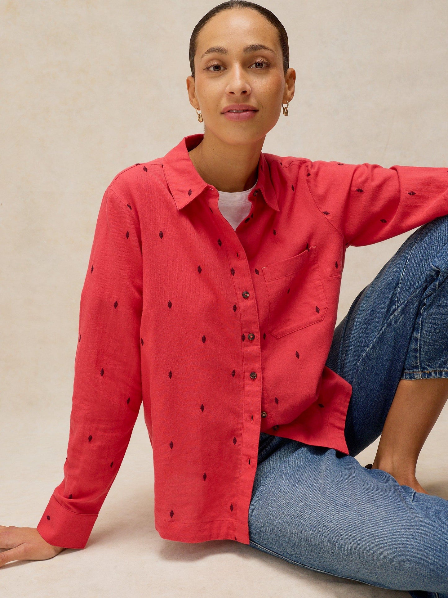 White Stuff Libby organic cotton long sleeve shirt in a regular fit with all-over embroidery detailing.