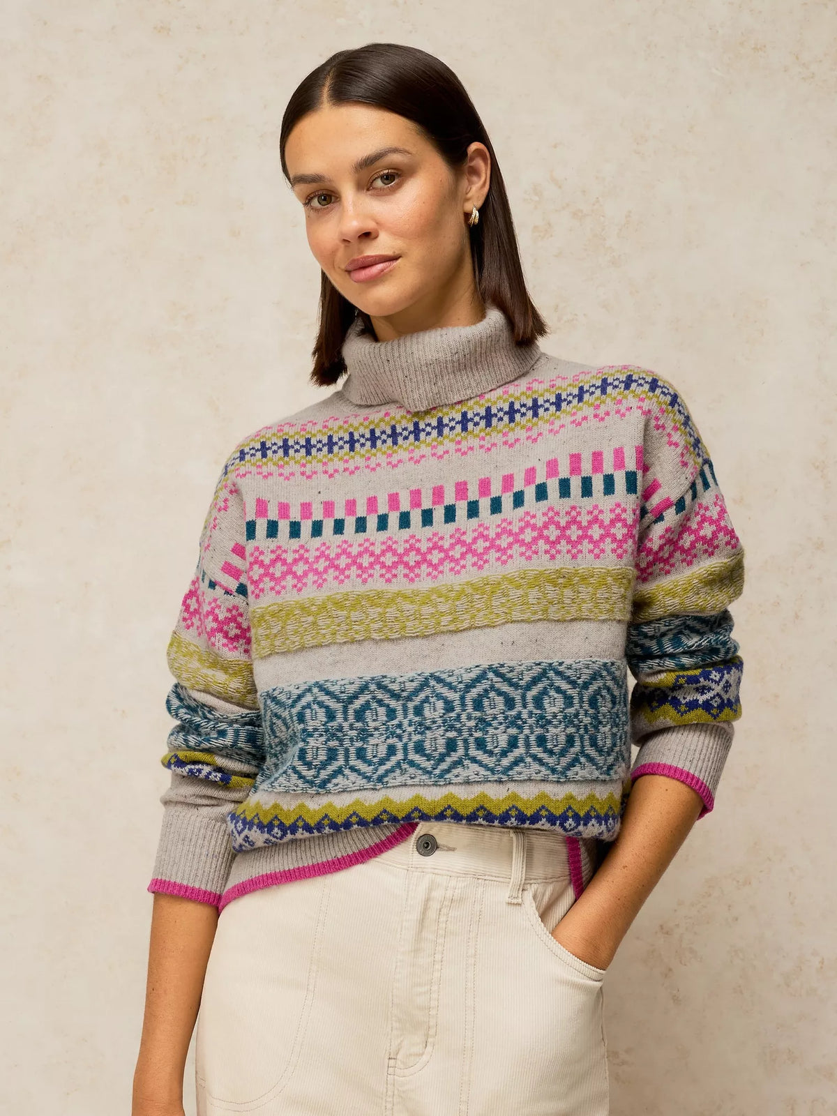 White Stuff Felicity Fairisle Roll Neck Jumper with argyle pattern