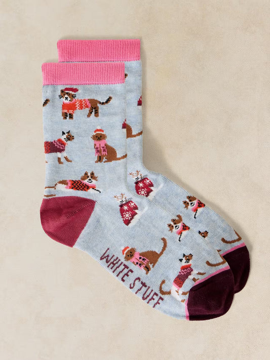 White Stuff Christmas Cat Cracker Socks in festive novelty cracker gift packaging