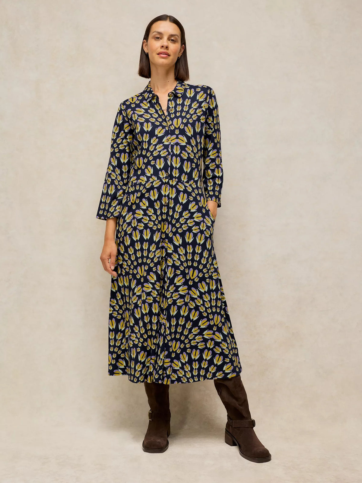 White Stuff Rua Jersey Shirt Dress in midi length with three-quarter sleeves