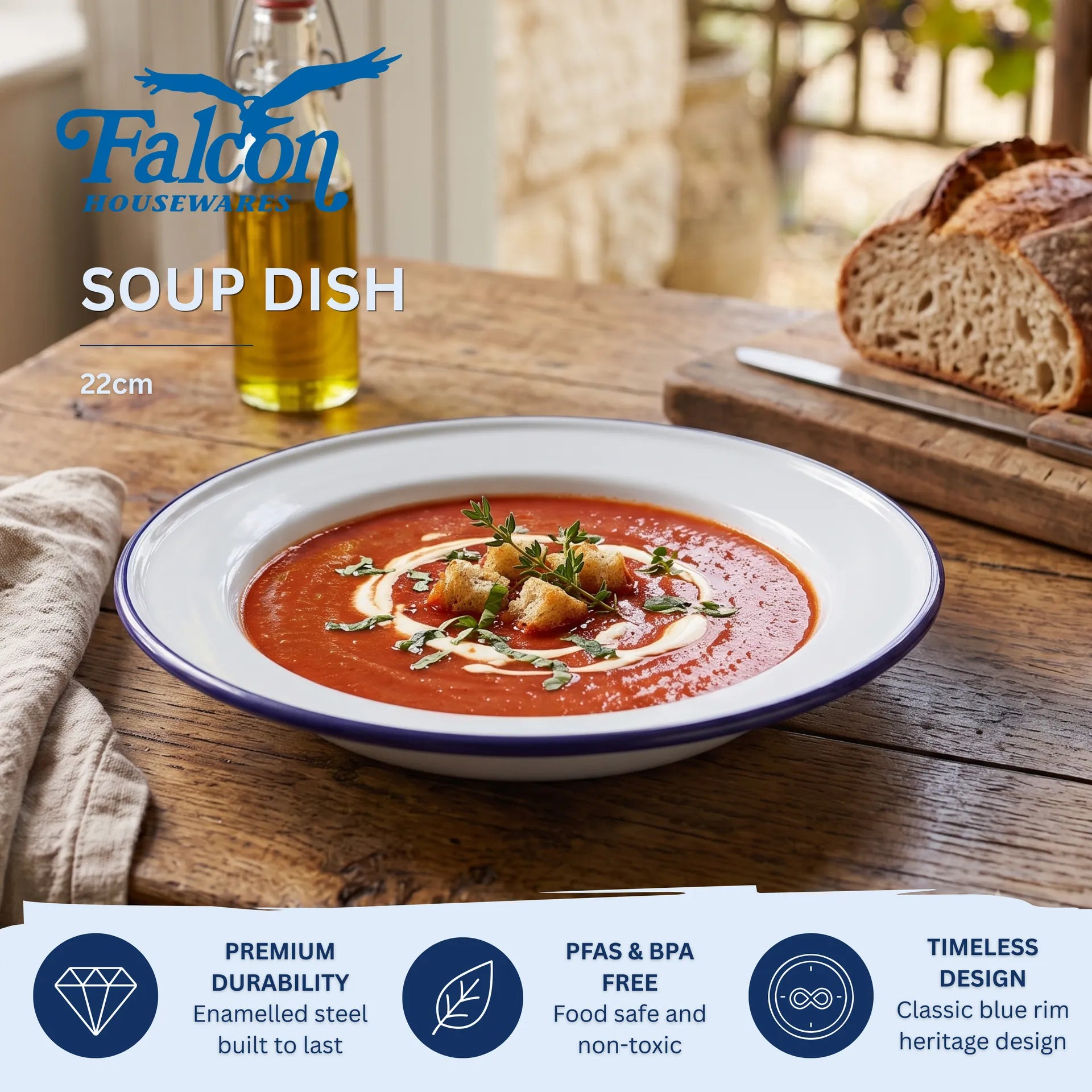 Falcon enamel white soup plate with classic blue rim 22cm