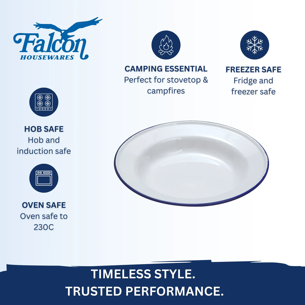 Falcon enamel white soup plate with classic blue rim 22cm