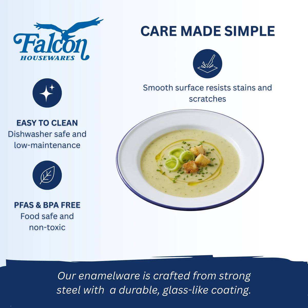 Falcon enamel white soup plate with classic blue rim 22cm