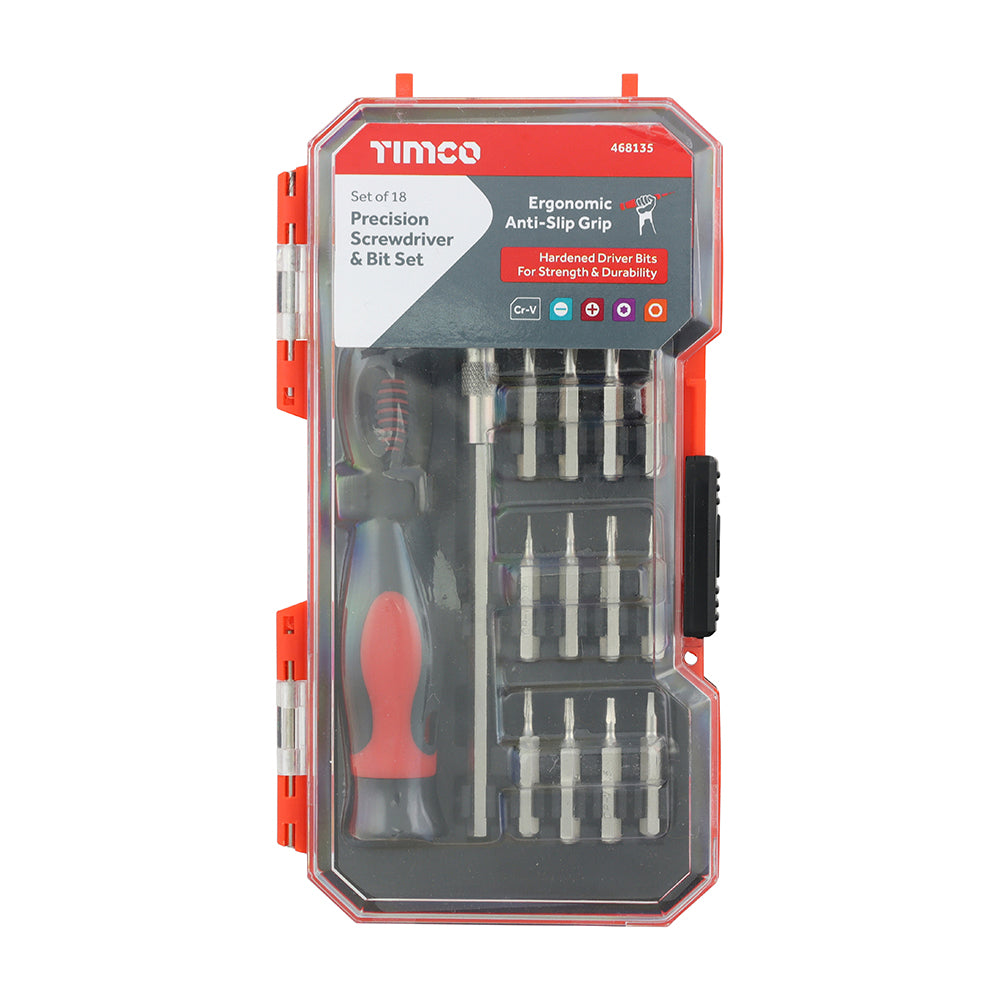 TIMCO 18 piece precision screwdriver bit set with micro driver handle in a compact storage case