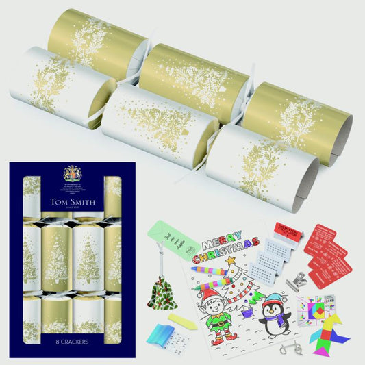Tom Smith family pack of 8 gold Christmas crackers with traditional festive decorations
