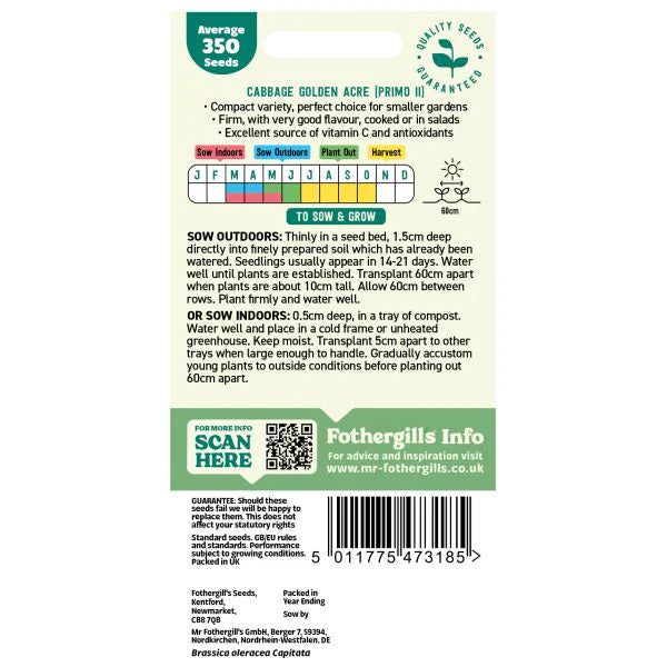 Fothergill's Cabbage Golden Acre Primo II Seeds