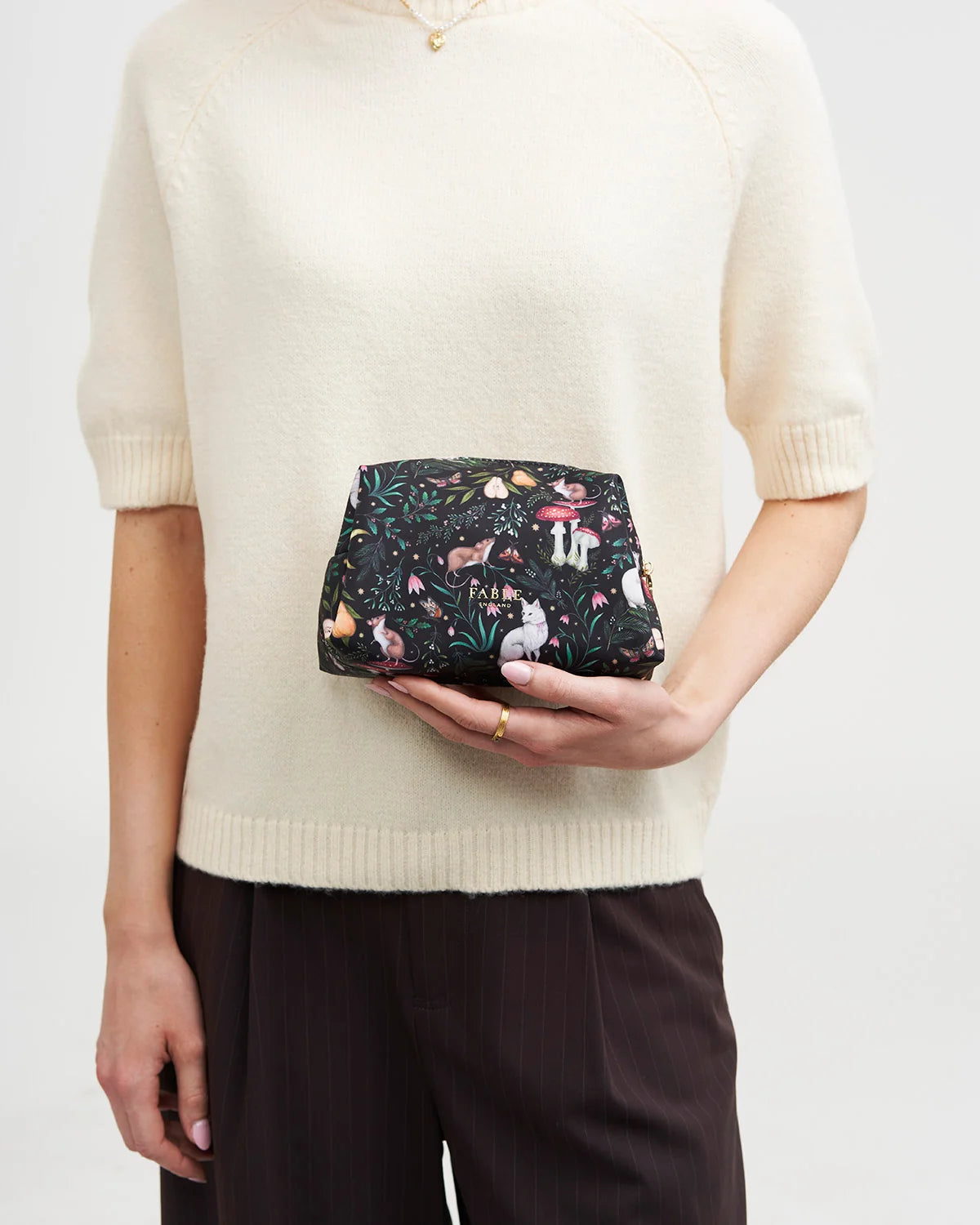 Fable Niva Print Cosmetic Pouch in black and forest green featuring Catherine Rowe woodland animal illustrations