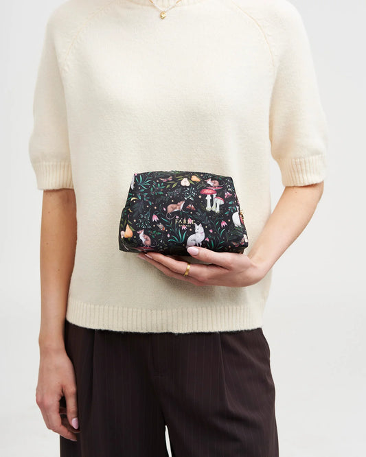 Fable Niva Print Cosmetic Pouch in black and forest green featuring Catherine Rowe woodland animal illustrations