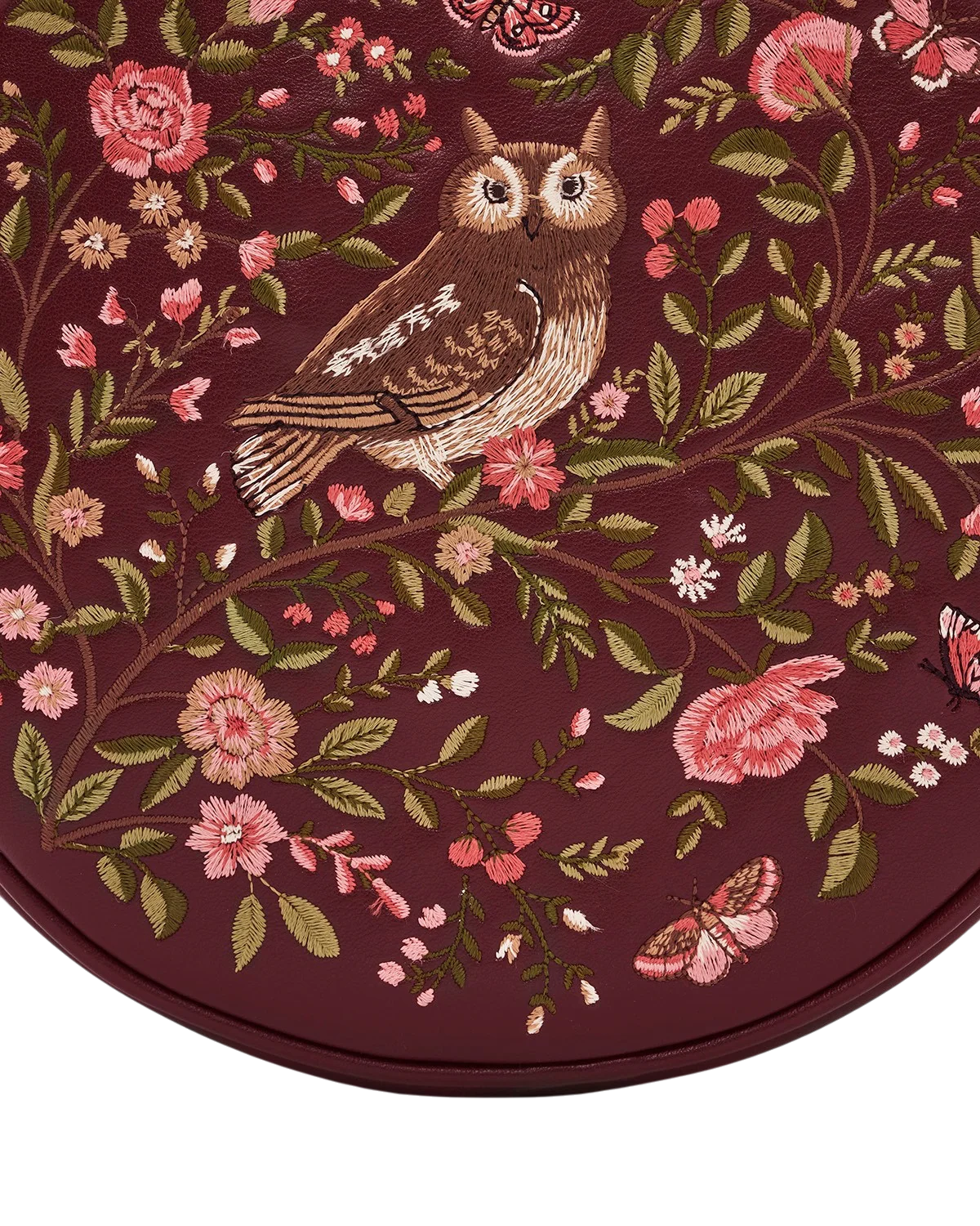 Fable Chloe Owl Embroidered Circle Bag in burgundy faux leather with floral tree and owl embroidery