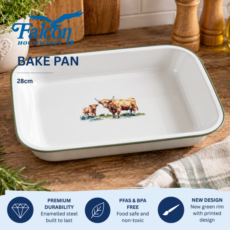 Falcon Enamel 28cm bake pan roasting dish with Highland cow illustration on white porcelain and blue rim