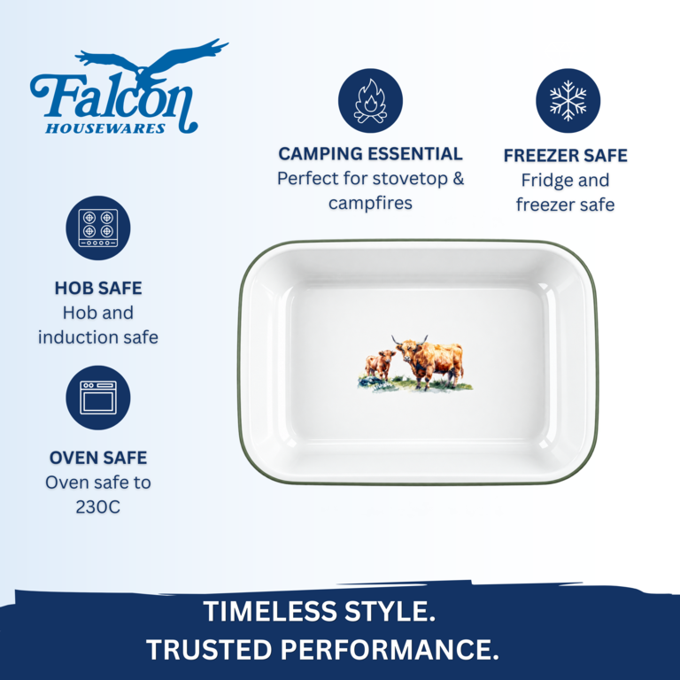 Falcon Enamel 28cm bake pan roasting dish with Highland cow illustration on white porcelain and blue rim