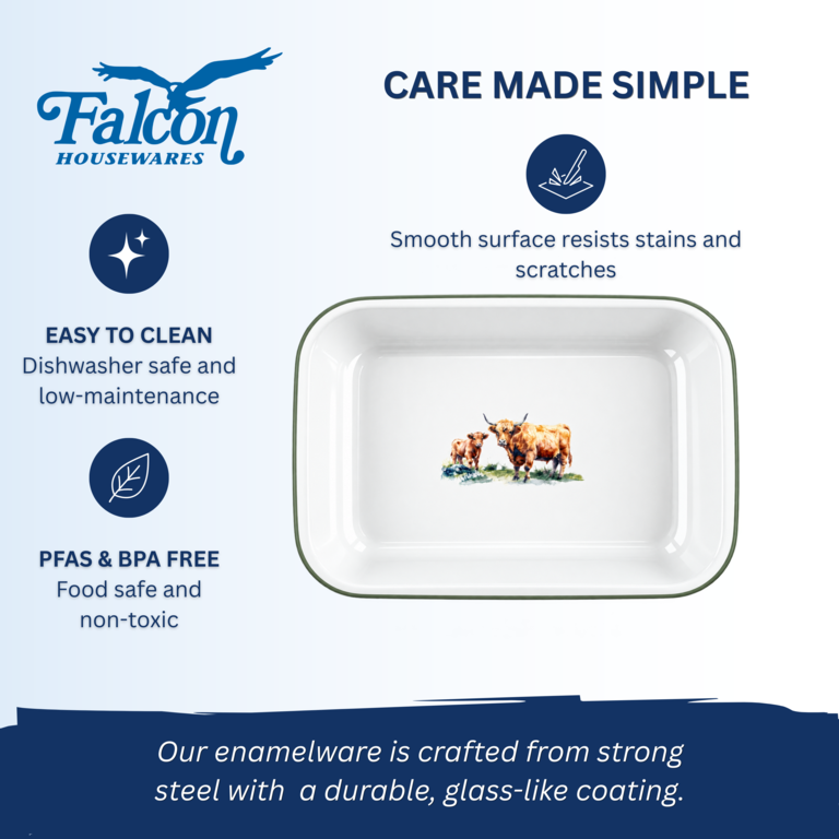 Falcon Enamel 28cm bake pan roasting dish with Highland cow illustration on white porcelain and blue rim