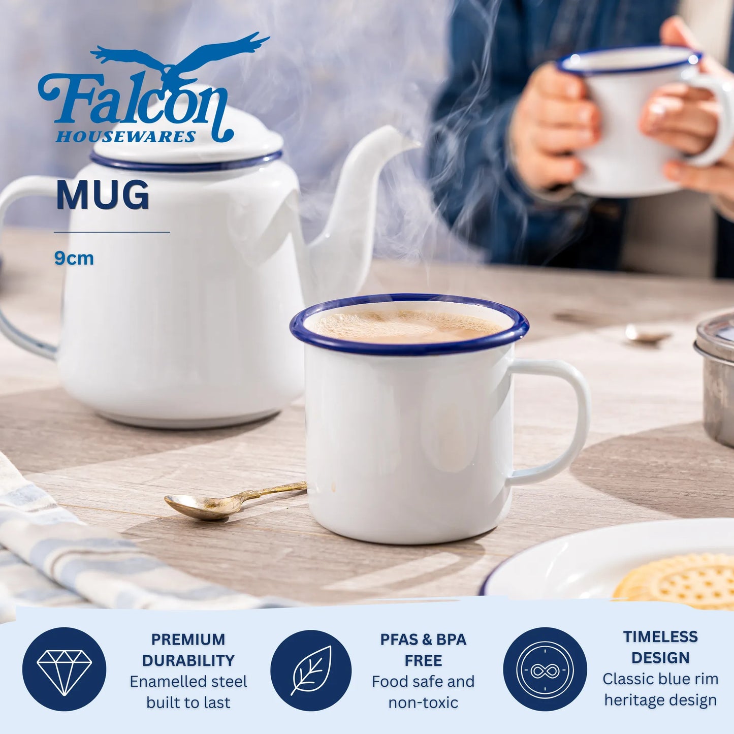 Falcon enamel white mug 9cm with classic blue rim